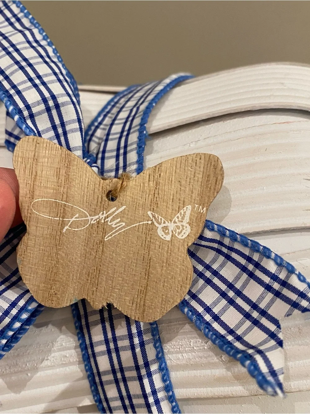 Dolly Parton White Basket with Blue Trim and Plaid Bow